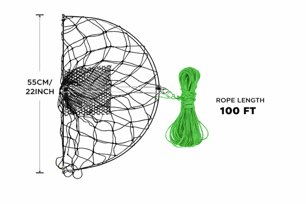 Lee Fisher Sports 22” Round Foldable Crab Trap – Stainless Steel Frame, Nylon Netting, 100 ft Braided Rope for Dock, Shore & Boat Crabbing