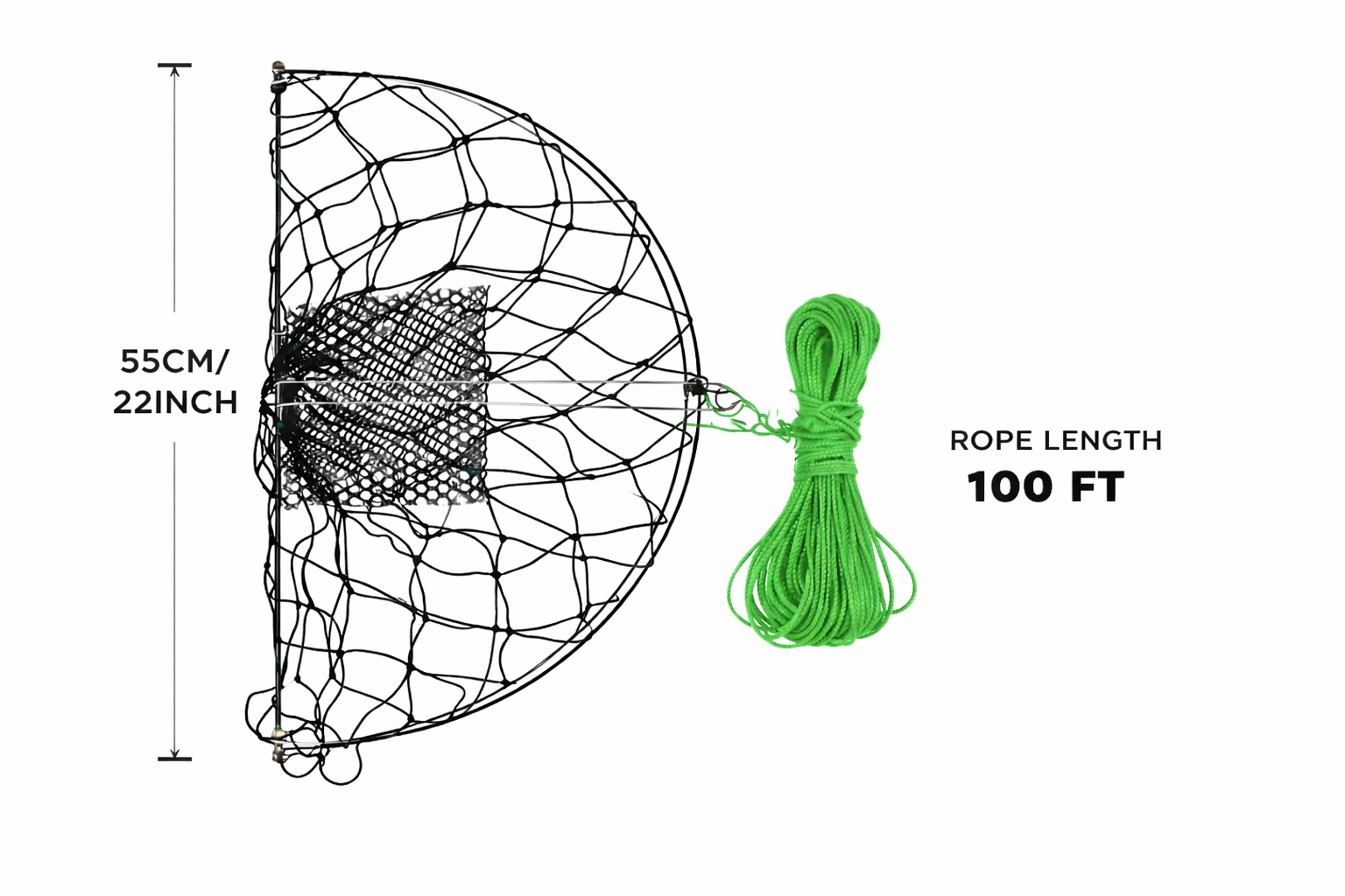 Lee Fisher Sports 22” Round Foldable Crab Trap – Stainless Steel Frame, Nylon Netting, 100 ft Braided Rope for Dock, Shore & Boat Crabbing