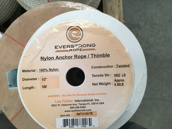 Nylon Twisted Anchor Rope 1/2" with stainless steel thimble in 100 ft, 200 FT, 300ft
